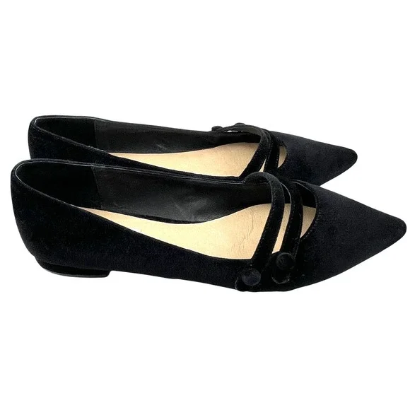 Saks Fifth Avenue Flats Women 10 Black Good Velvet Mary Jane Pointed Toe Luxury - Picture 4 of 16